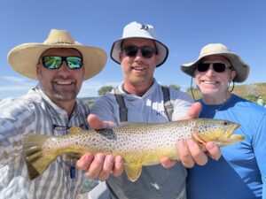 Three anglers with a trout during a guided Bighorn River fly fishing trip